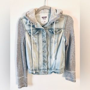 Denim jacket in a light wash. long sleeve and matching hood. Great Condition.